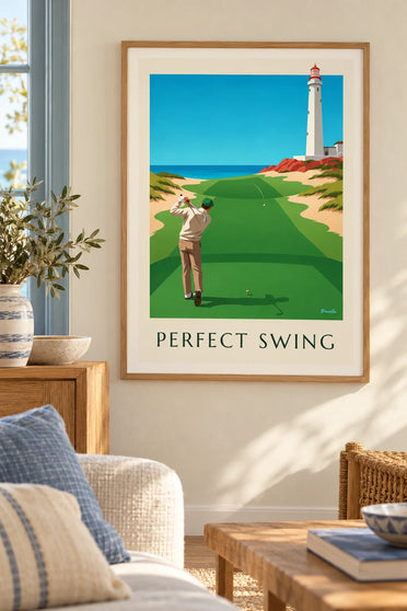 Affiche golfeur en plein swing sur un links en bord de falaise : encadrée au mur