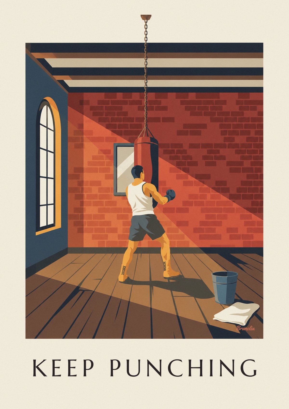 Old gym boxer training on a punching bag poster