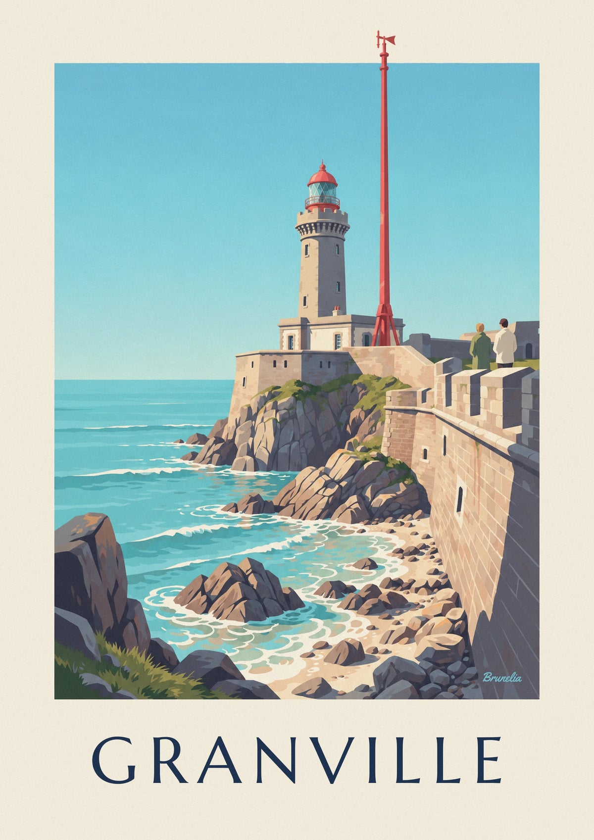 Poster faro bianco con lanterna rossa sugli scogli di Granville