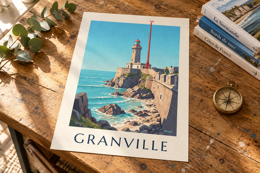 Poster weißer Leuchtturm mit roter Laterne auf den Felsen von Granville: auf einem Tisch aufgestellt