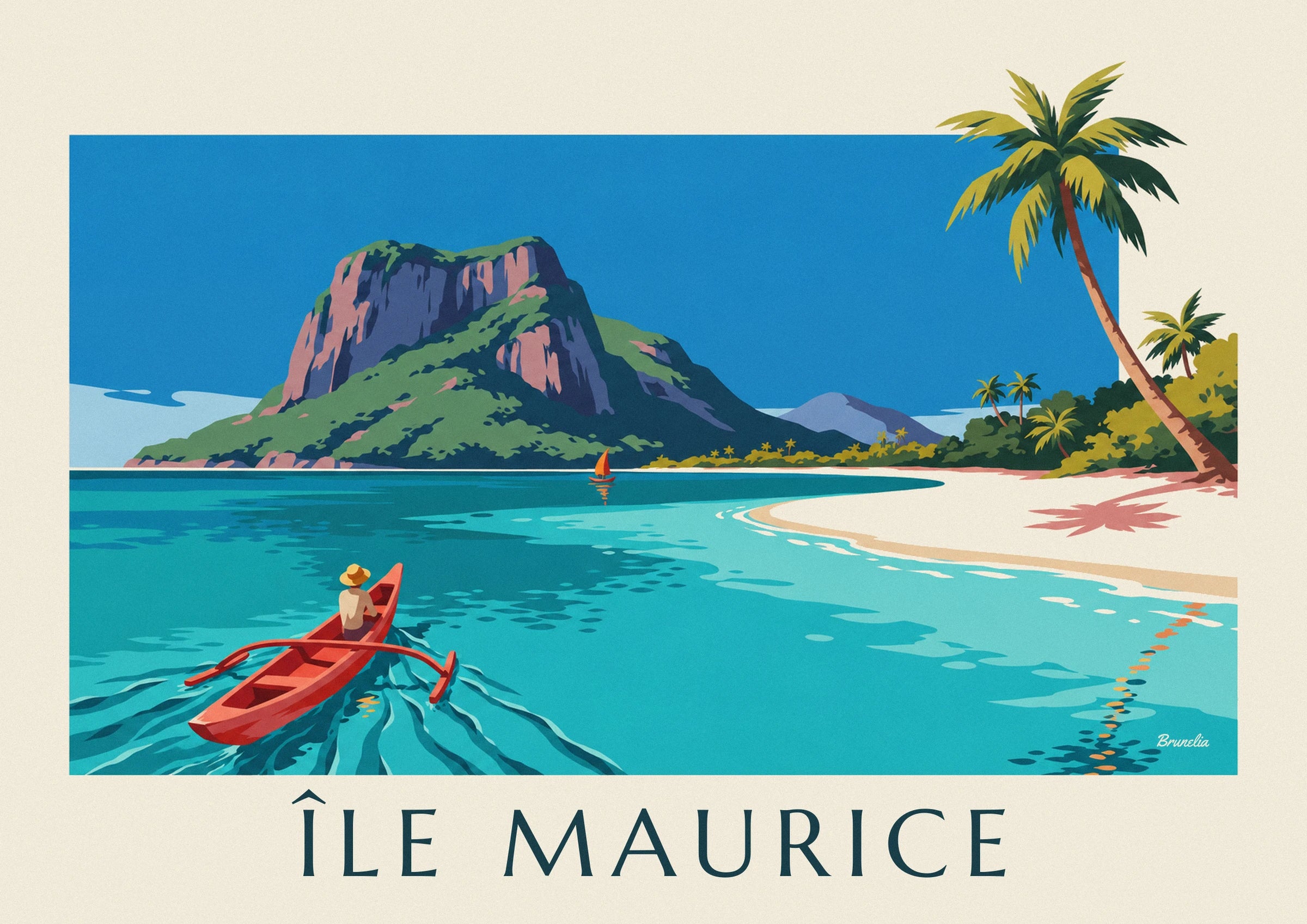 Poster Lagune, Kokospalmen und Le Morne Brabant auf Mauritius: Detail in Nahaufnahme