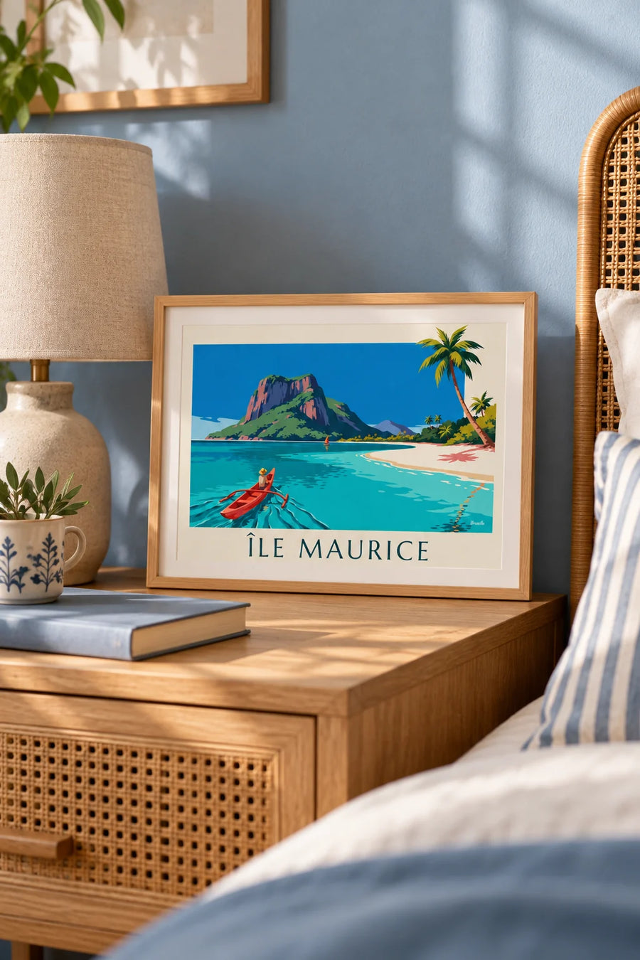 Poster Lagune, Kokospalmen und Le Morne Brabant auf Mauritius: kleines Format A4 gerahmt