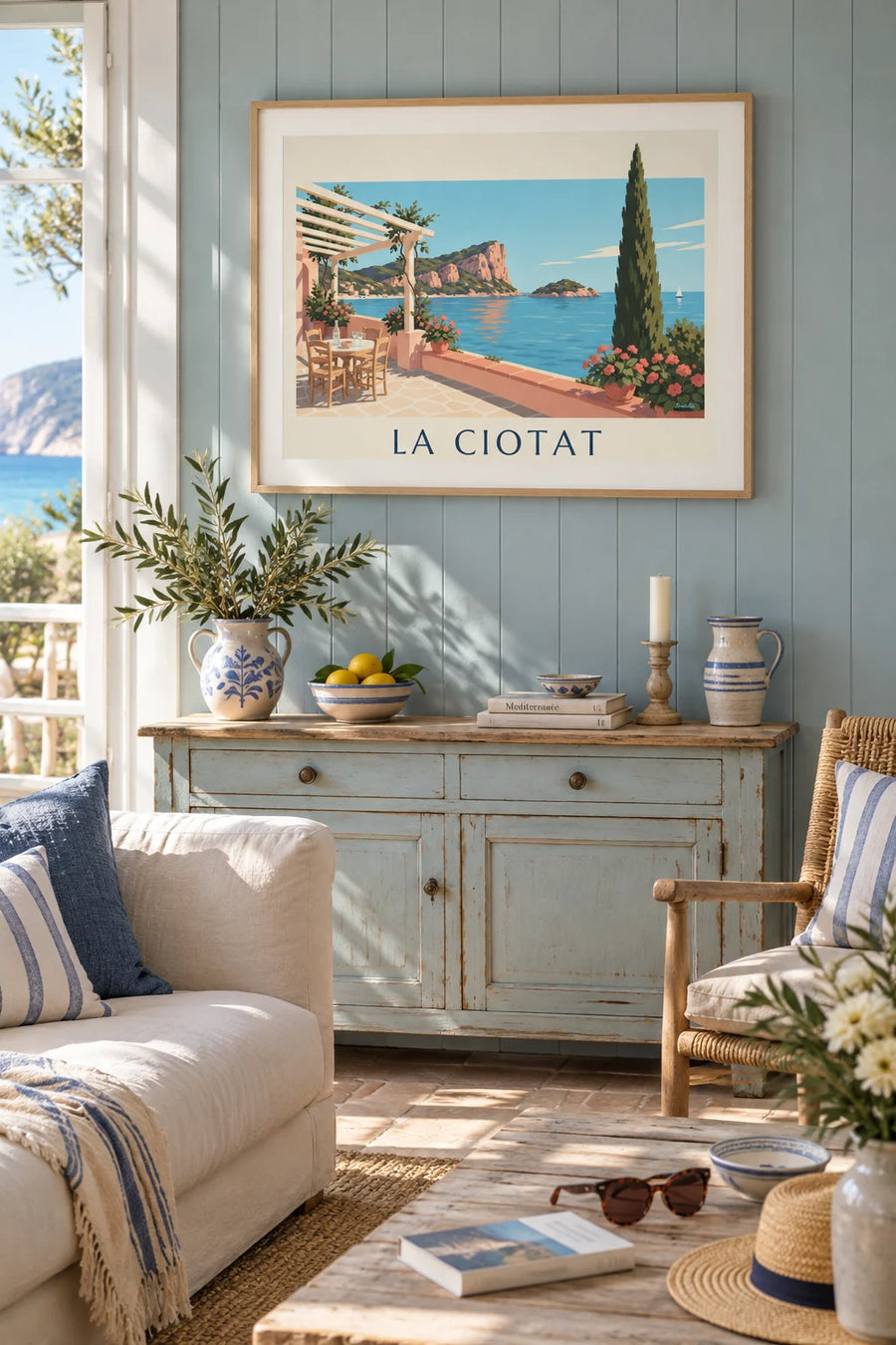 Affiche terrasse méditerranéenne et Bec de l'Aigle à La Ciotat : encadrée au mur