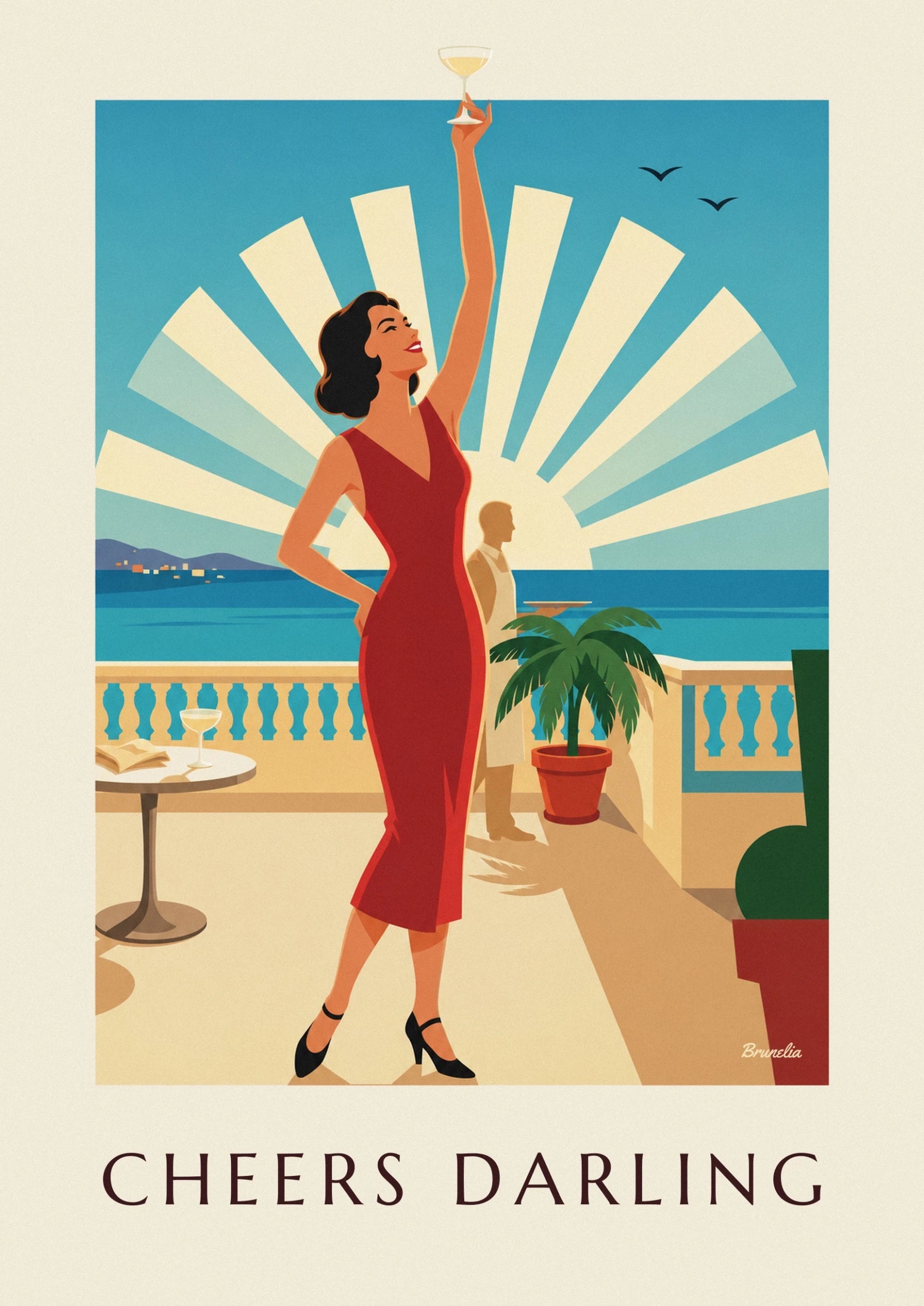 La femme brune en robe rouge, le bras levé devant la mer turquoise