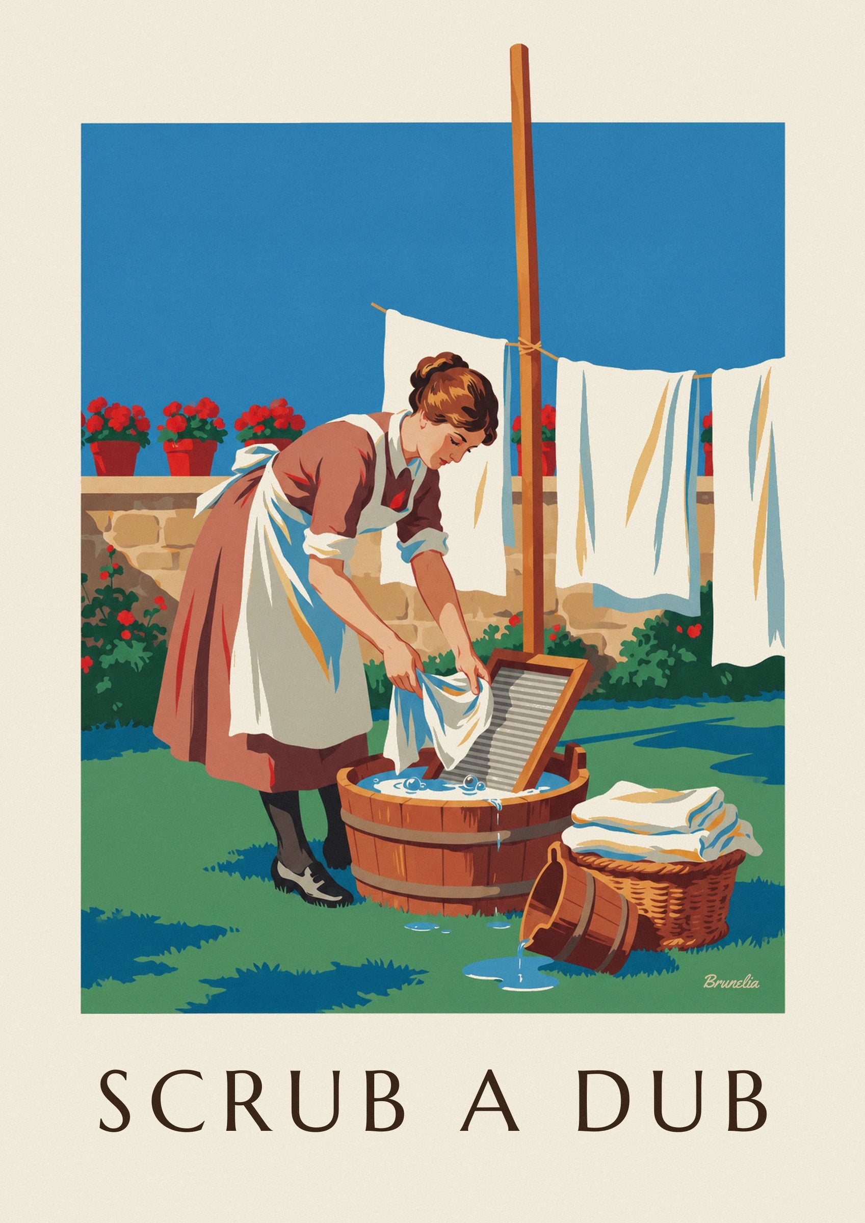 Poster donna e asse per lavare in un cortile soleggiato: dettaglio in primo piano