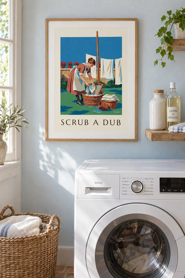 Poster donna con asse per il bucato in un cortile soleggiato: con cornice appeso al muro