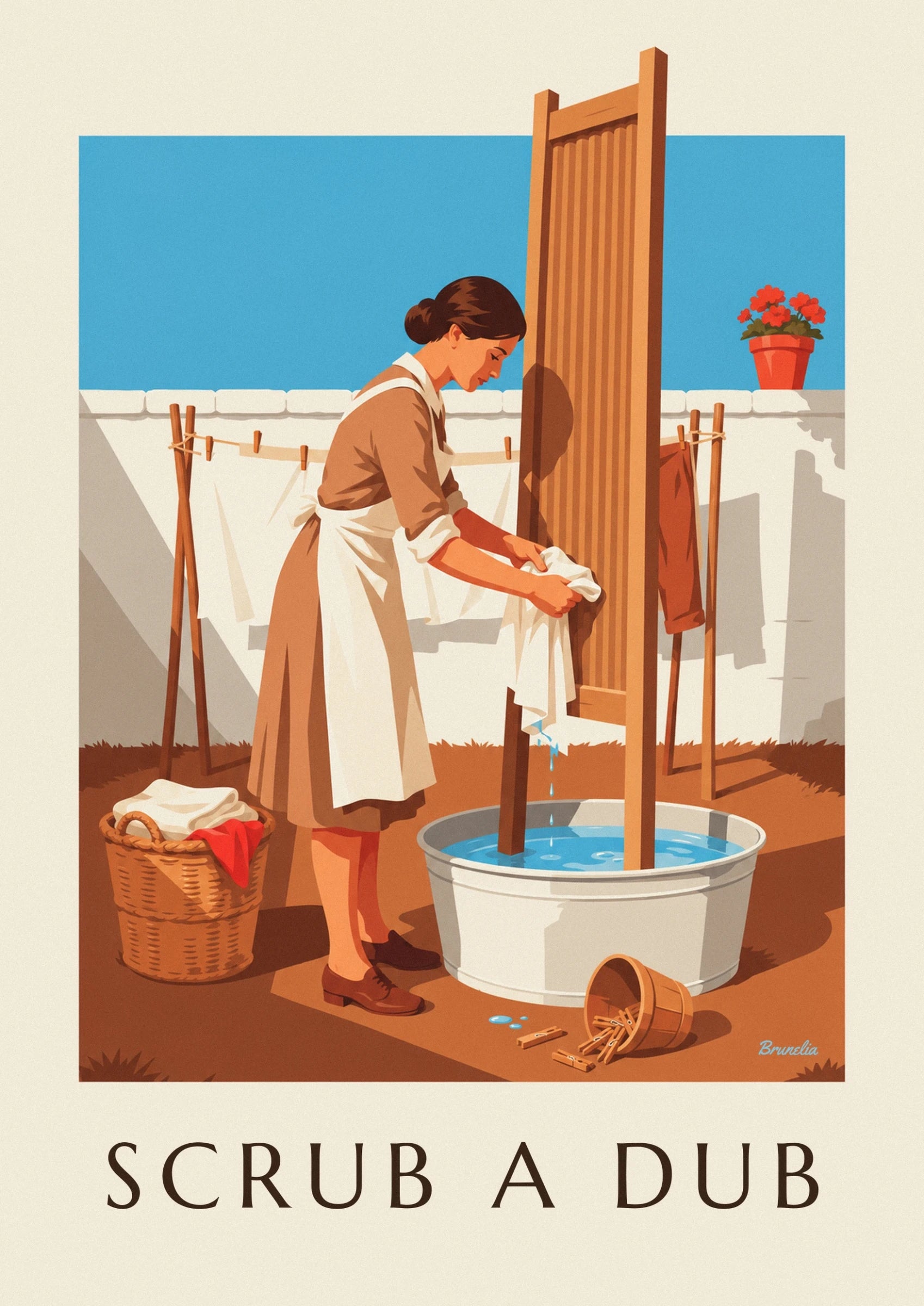 The woman with a brown bun and white apron, her hands busy with the laundry