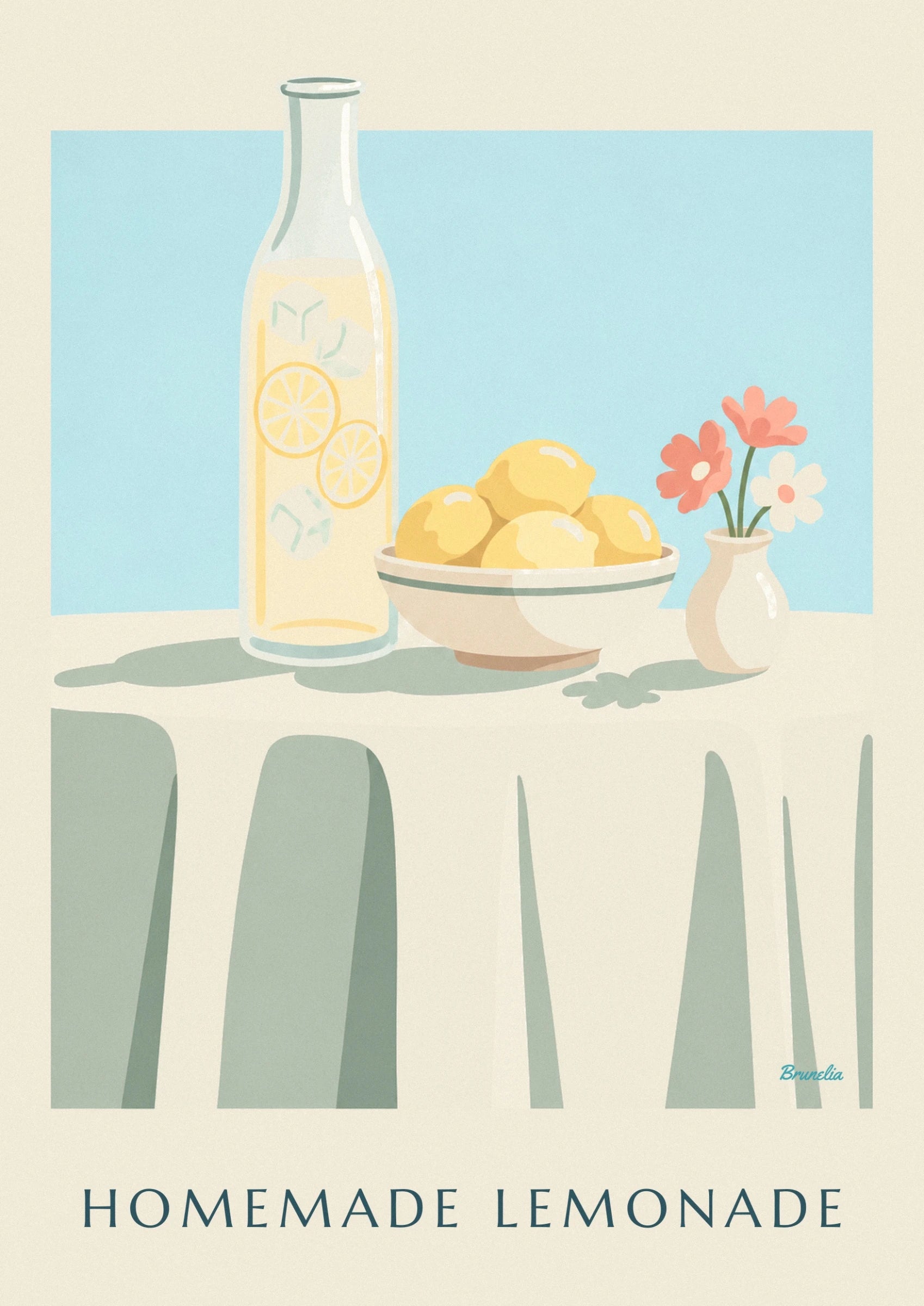The carafe of pale yellow lemonade with lemon slices and ice cubes