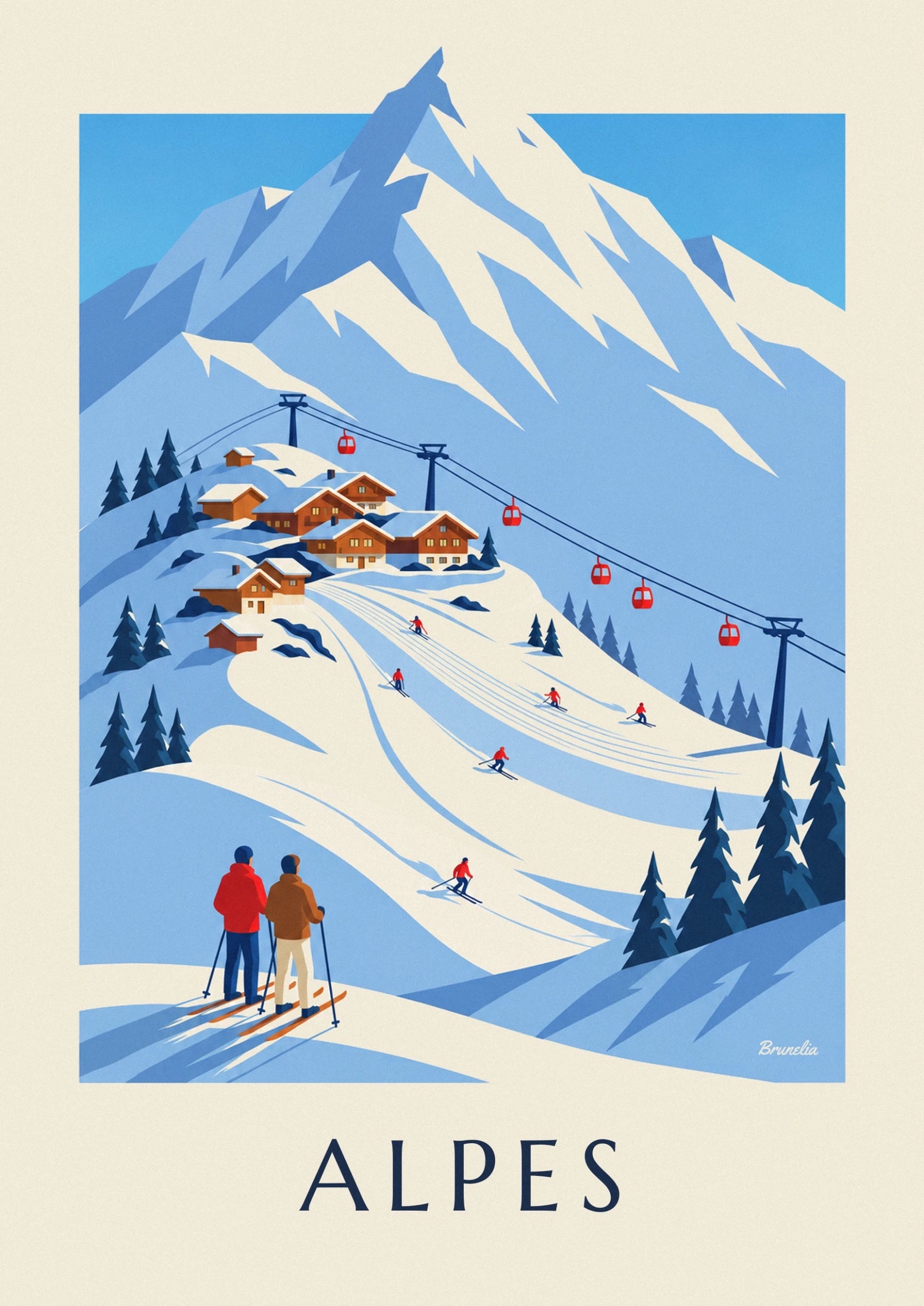 Les chalets enneigés de la station, les skieurs et la télécabine rouge