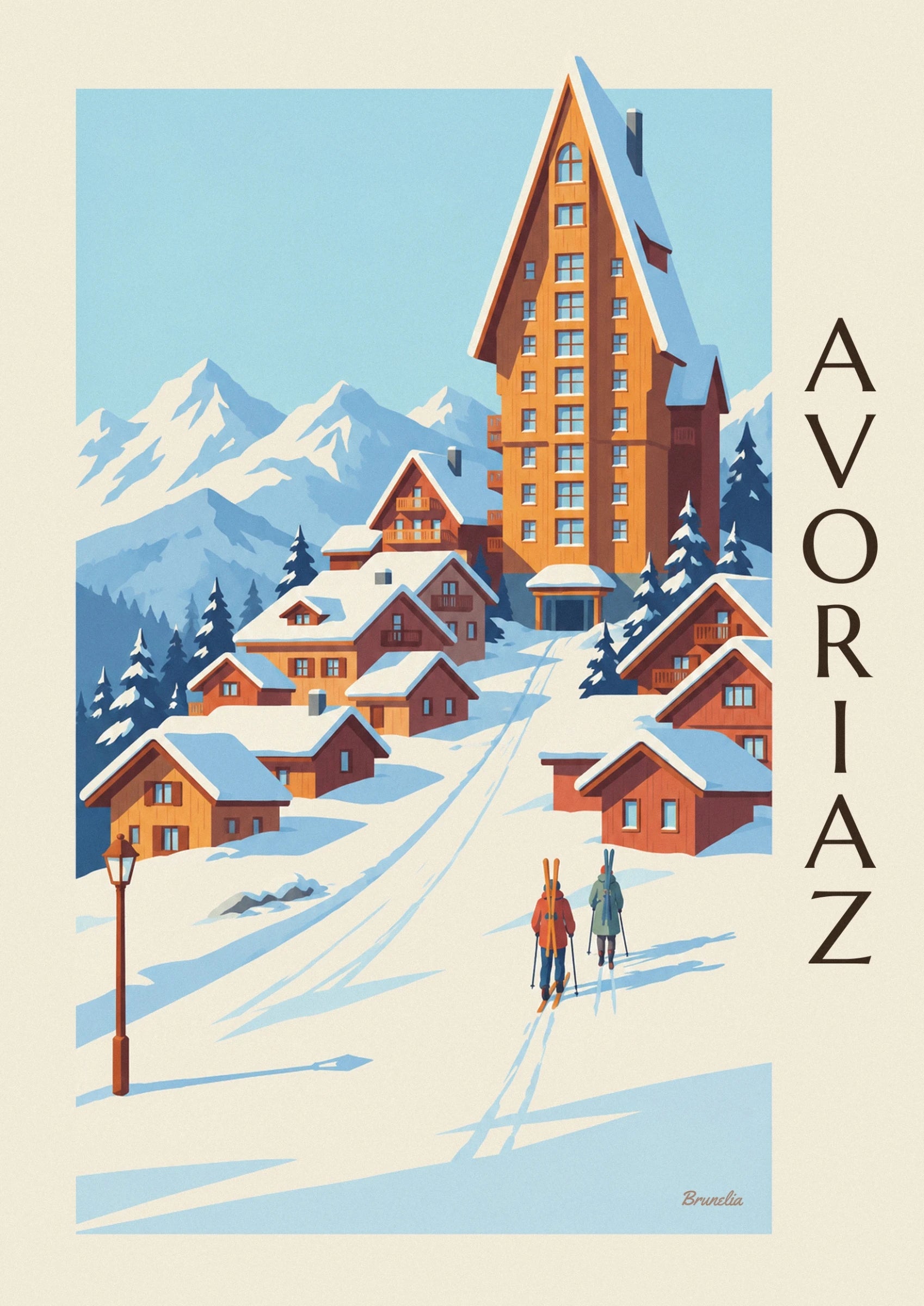 La haute façade de bois orangé et son toit enneigé, entre les chalets d’Avoriaz
