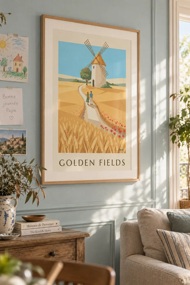 Windmill poster in wheat fields and poppies: framed on the wall