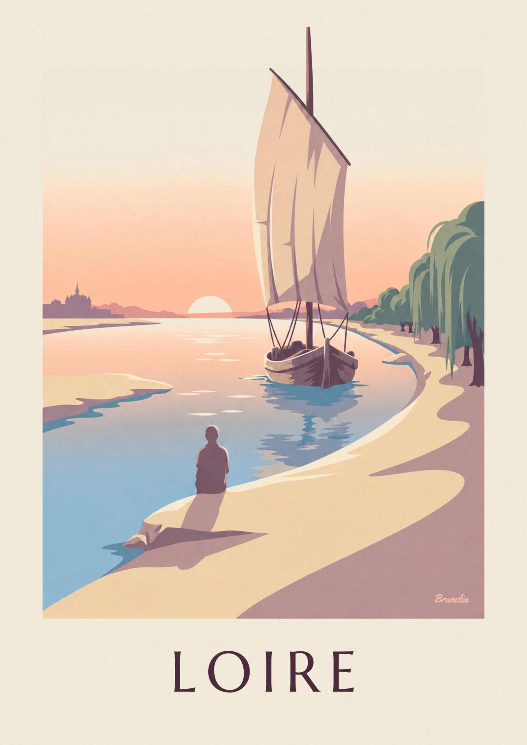 La gabare à voile carrée sur la Loire, entre soleil couchant et saules verts