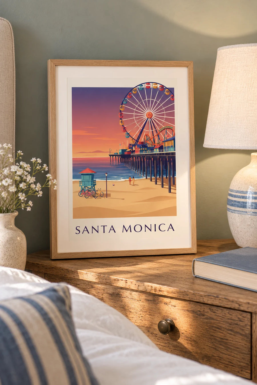 Poster Santa Monica Pier bei Sonnenuntergang: kleines A4-Format im Rahmen