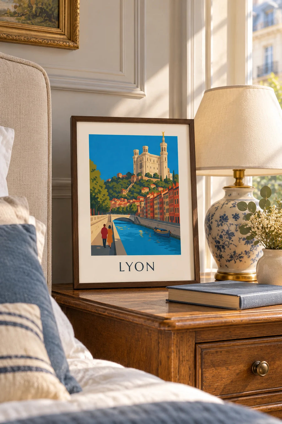 Affiche quais de Saône et funiculaire de Fourvière à Lyon : petit format A4 encadré