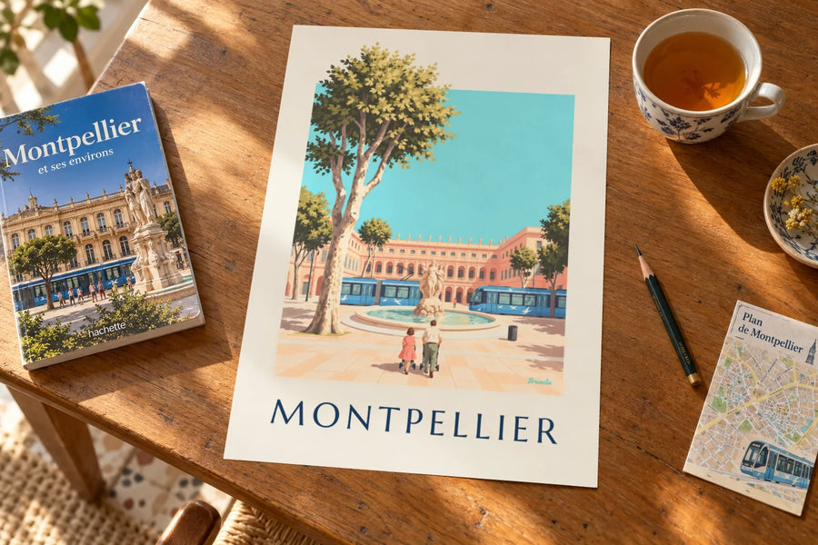 Affiche place de la Comédie et tramway de Montpellier : posée sur une table