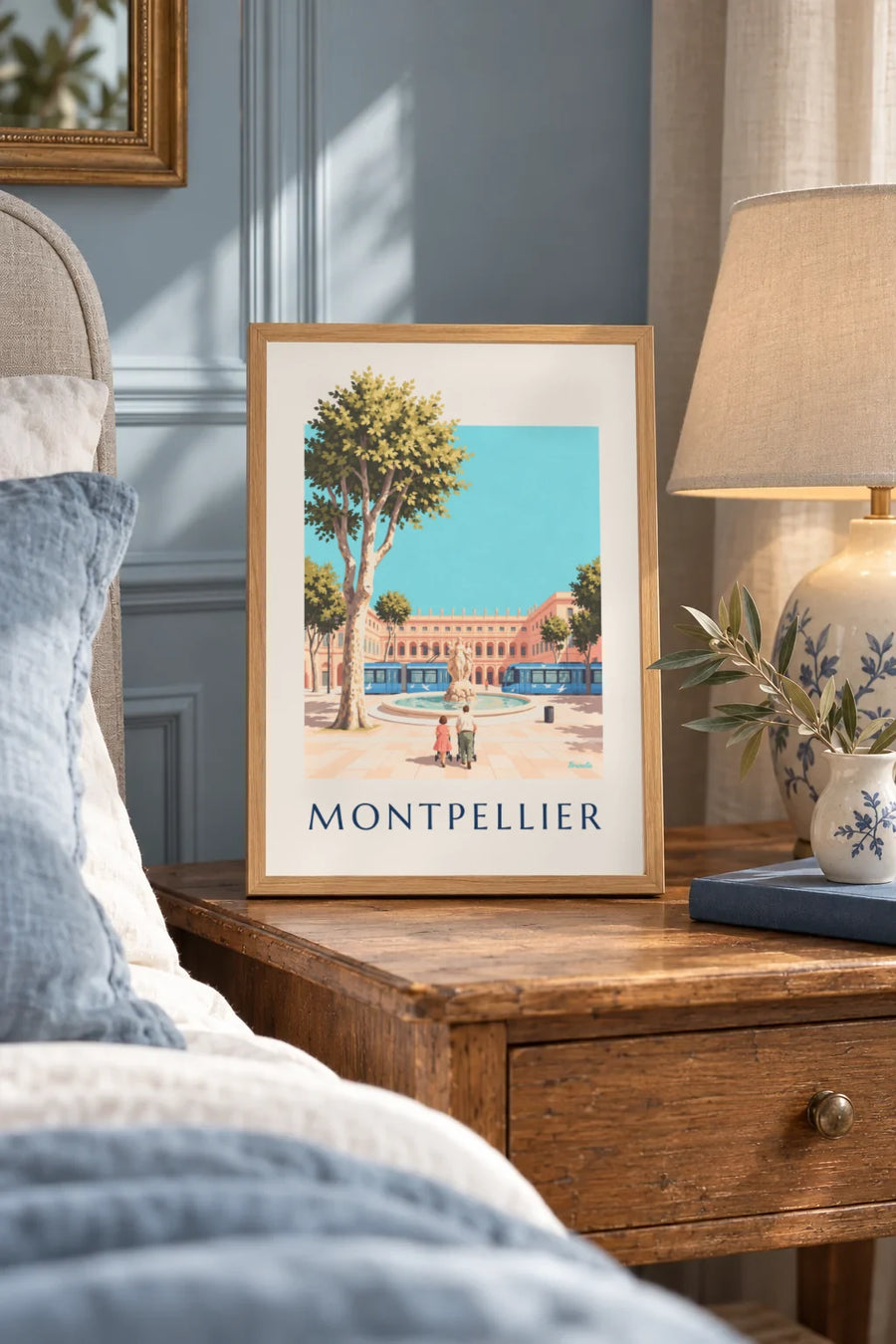 Affiche place de la Comédie et tramway de Montpellier : petit format A4 encadré
