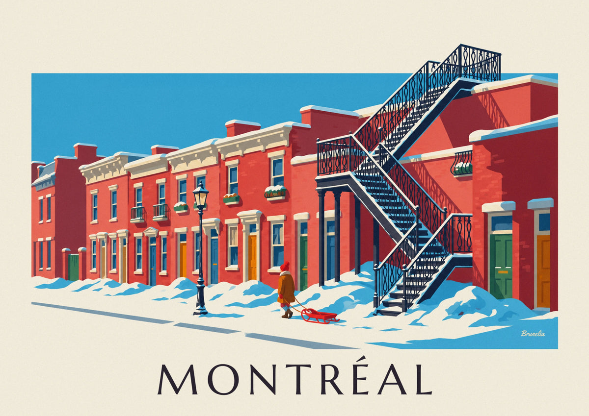 Plateau-Mont-Royal staircases under snow in Montreal poster