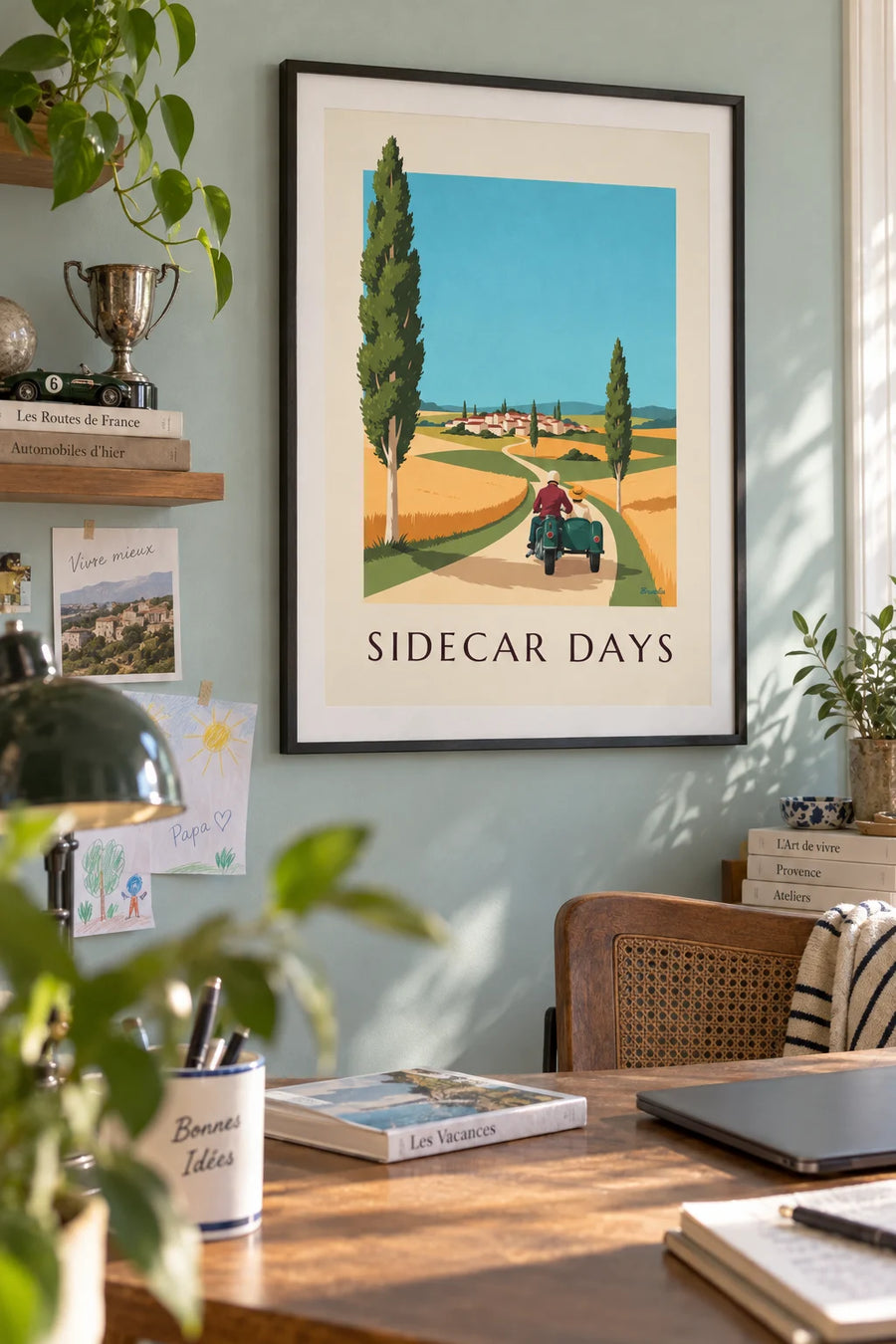 Motorcycle and sidecar poster on a country road lined with poplars: framed on the wall