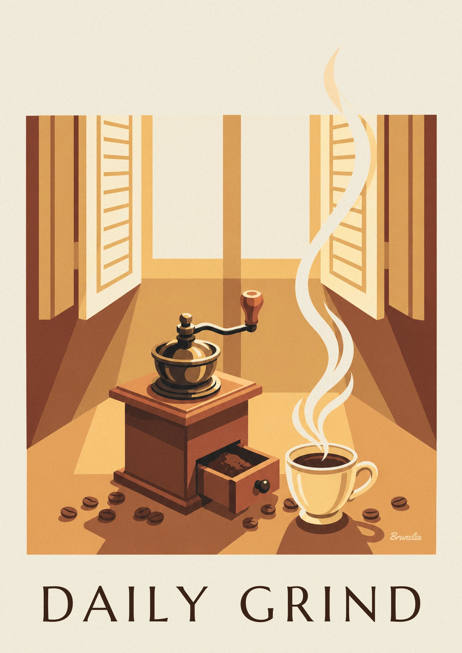 Poster macinacaffè in legno e chicchi di caffè