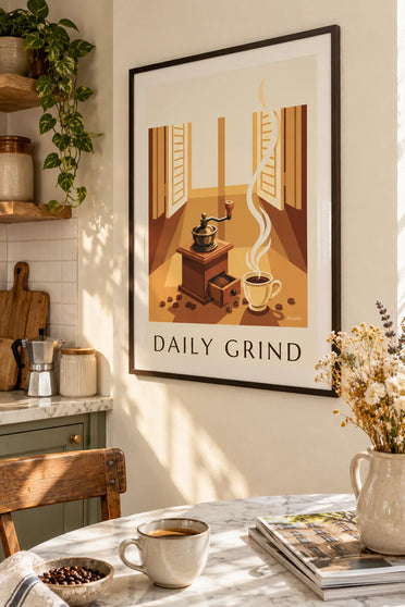 Poster macinacaffè in legno e chicchi di caffè: incorniciato alla parete