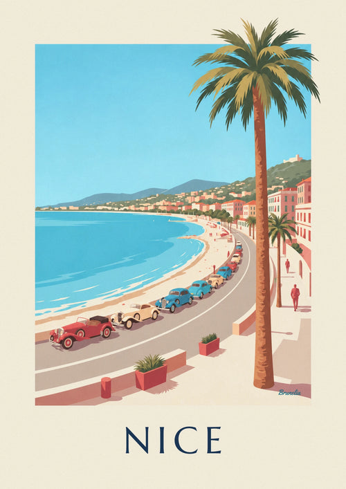 Poster of vintage cars on the Promenade des Anglais in Nice: the full poster