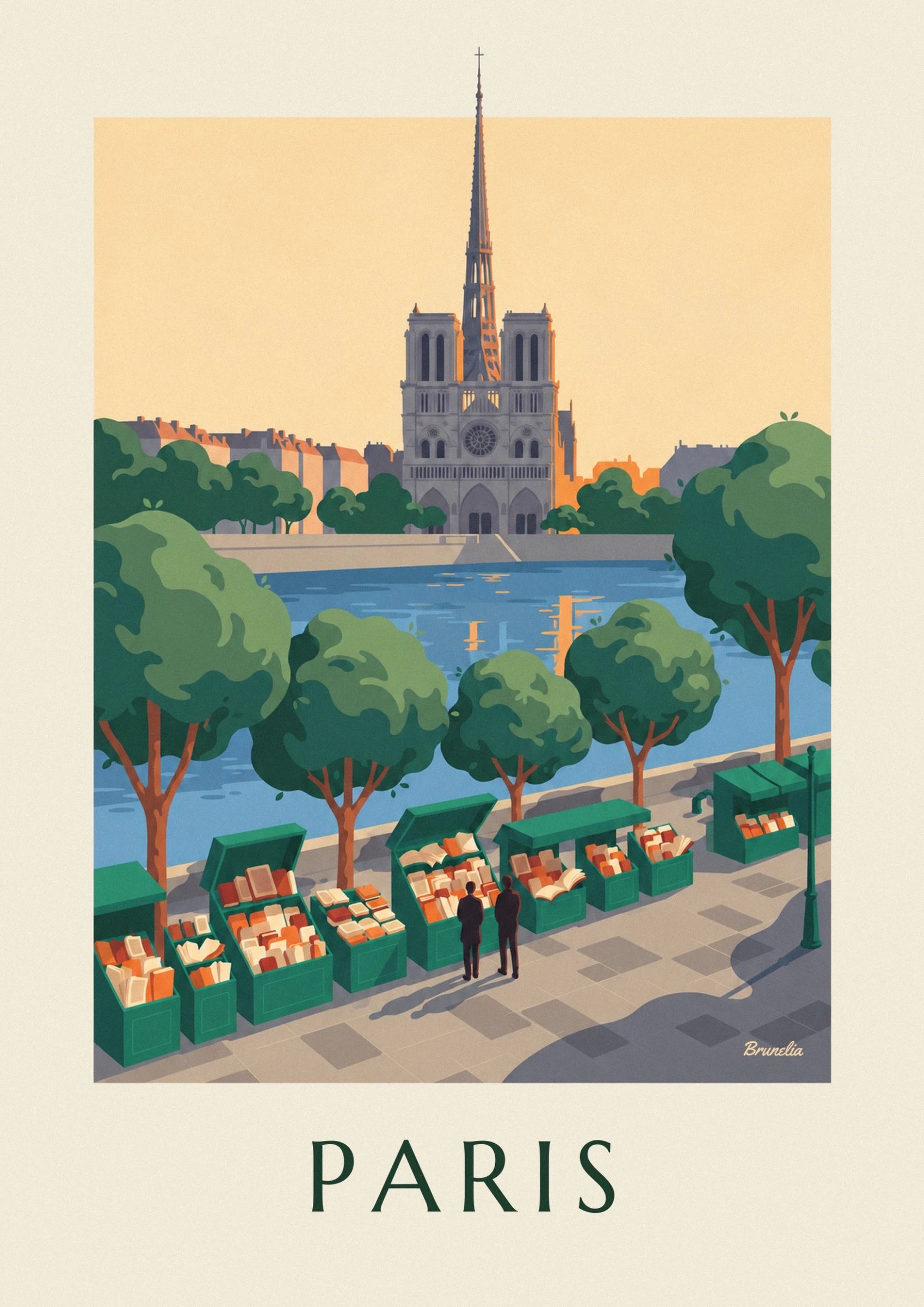 Die Fassade von Notre-Dame und ihre schlanke Turmspitze vor einem goldenen Himmel