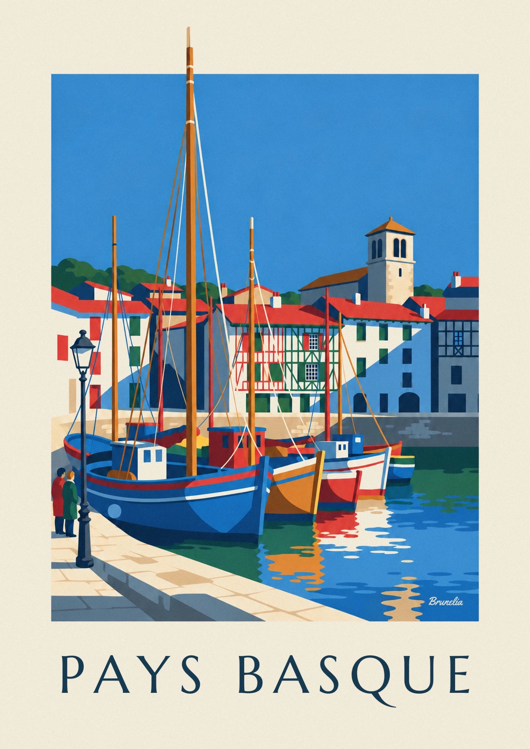 Les barques orange, rouge et blanche et leurs reflets colorés dans le port
