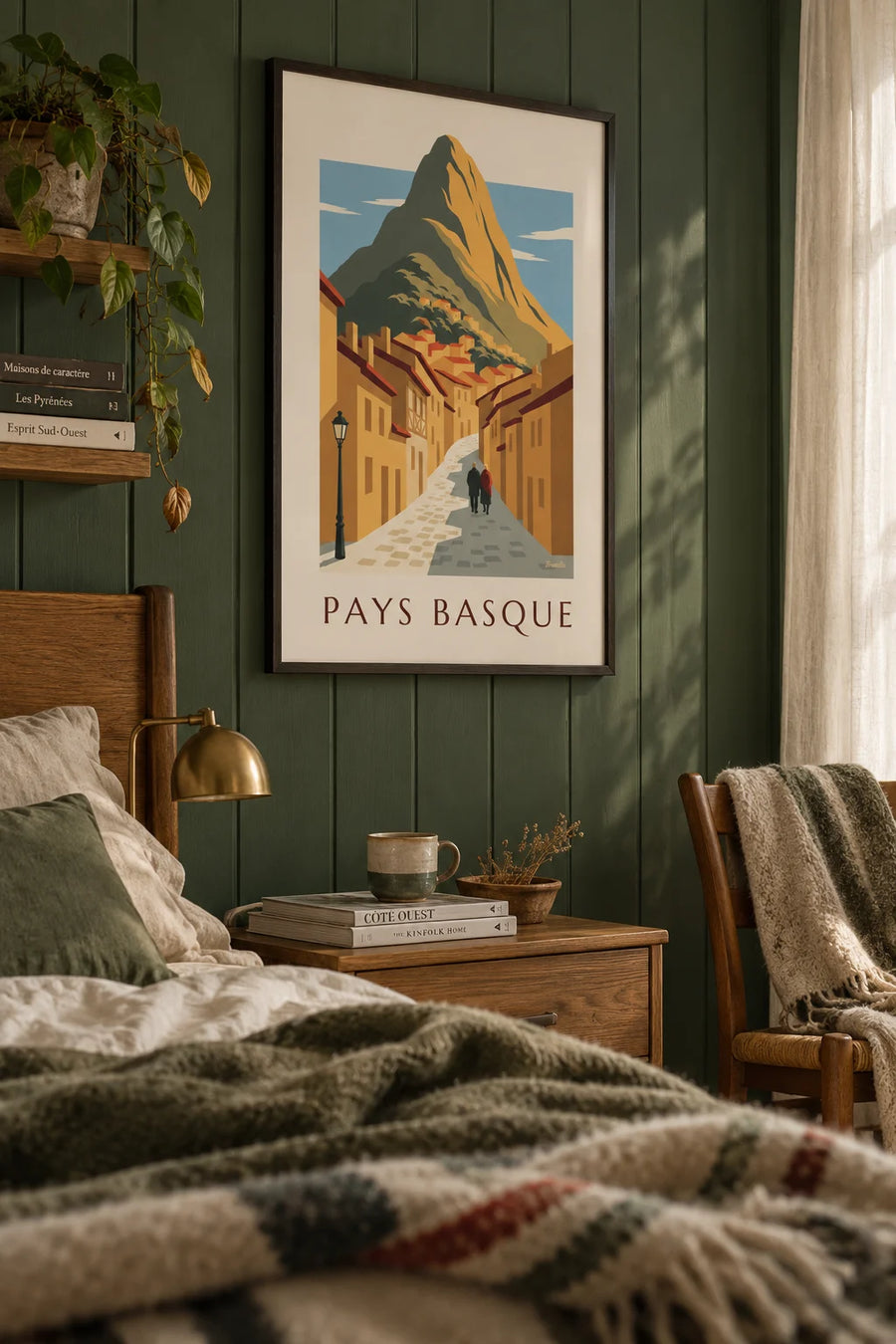 Ochre houses and golden mountain of a Basque Country village poster: framed on the wall