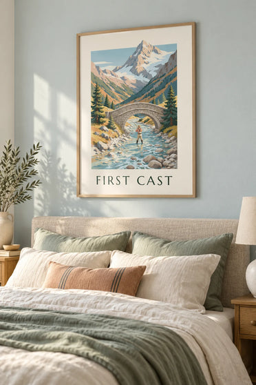 Poster con pescatore a mosca in un torrente di montagna: con cornice alla parete