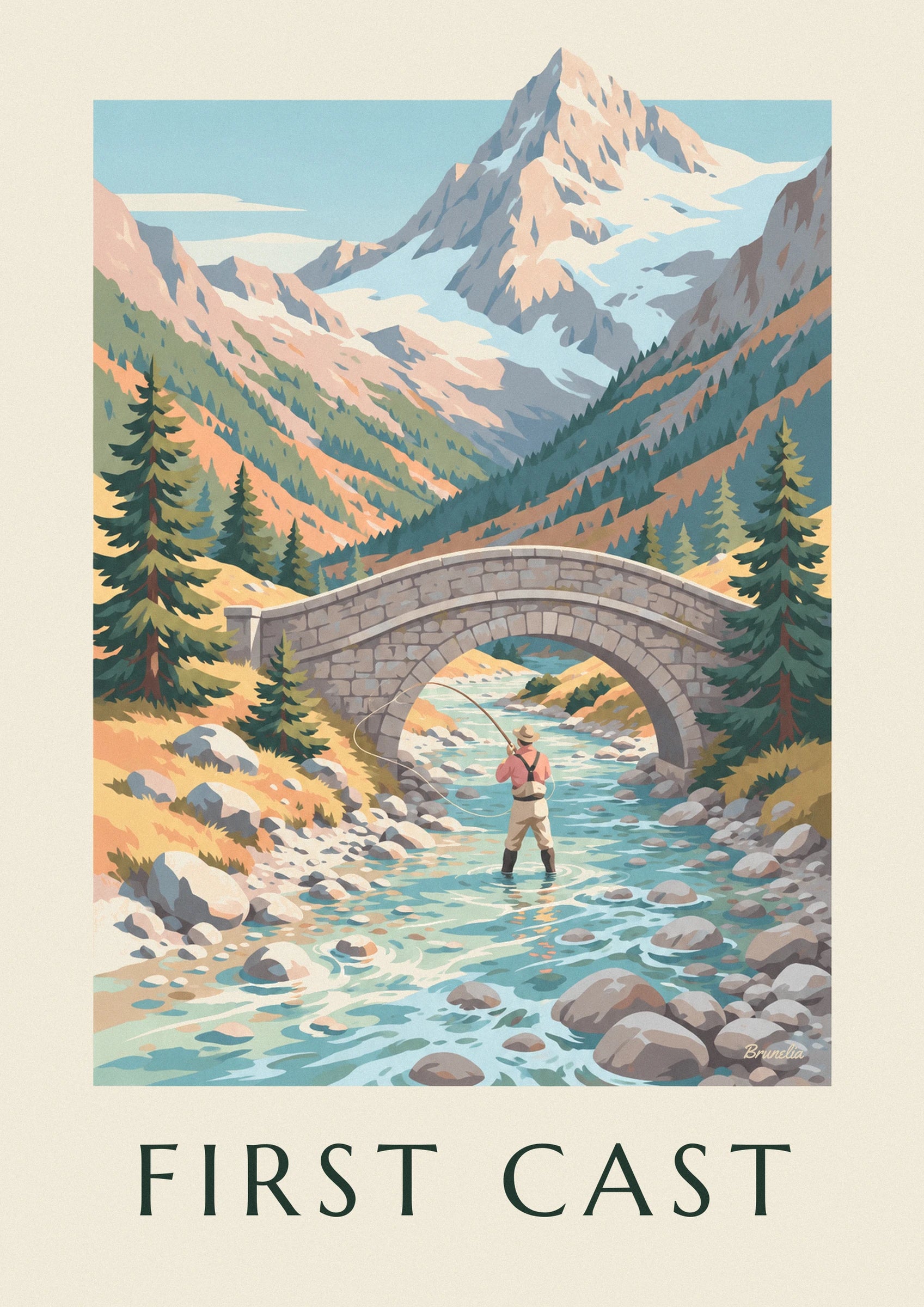 Le pêcheur de dos, chemise saumon et bottes sombres, dans le torrent aux eaux turquoise