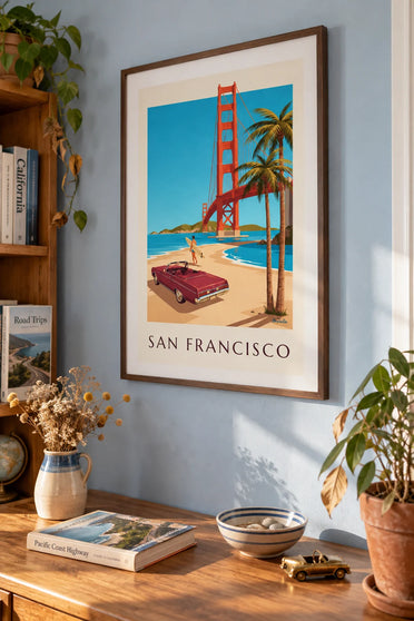 Poster of a convertible in front of the Golden Gate in San Francisco: framed on a wall