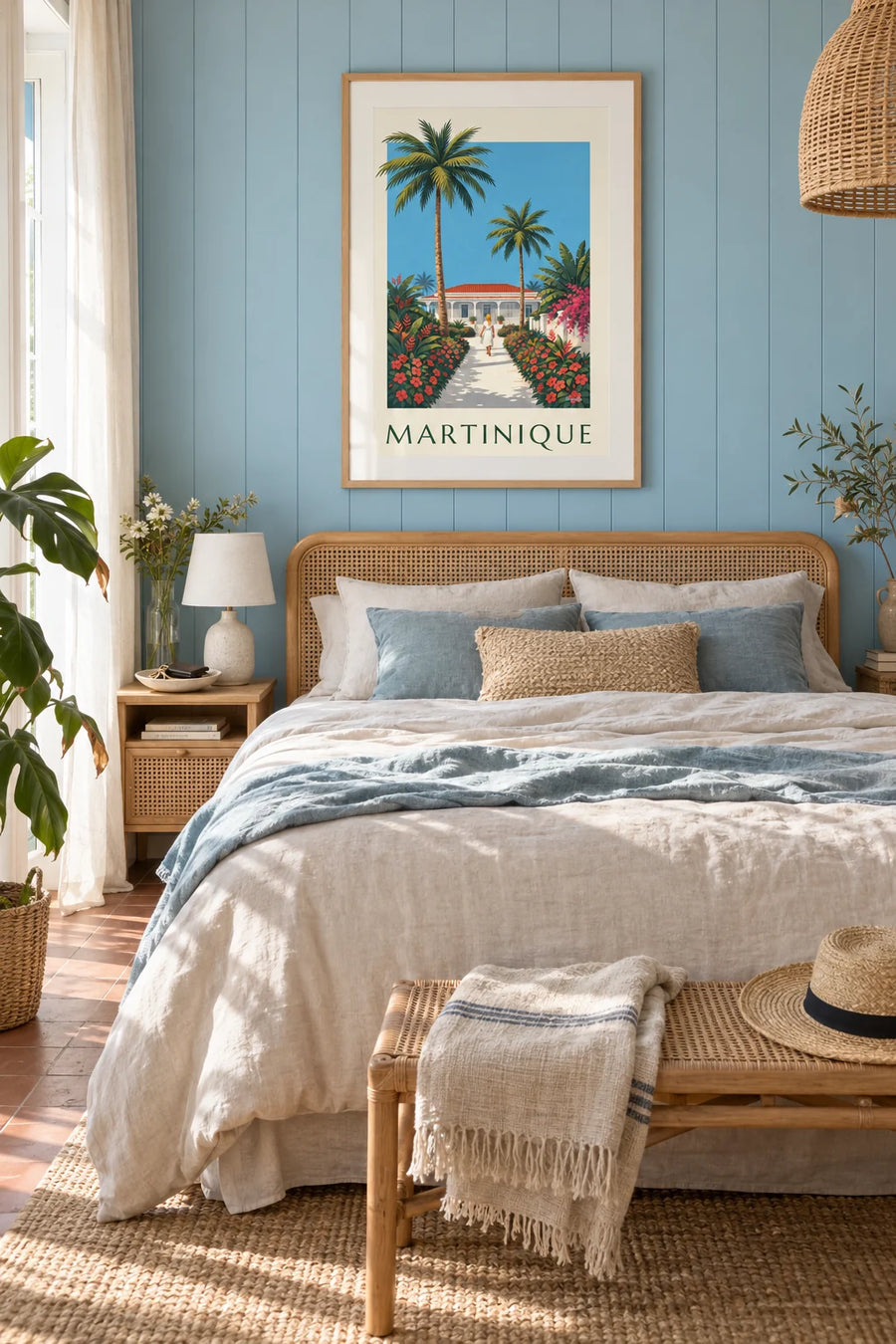 Poster of a palm-lined avenue and a Creole house in Martinique: framed on the wall