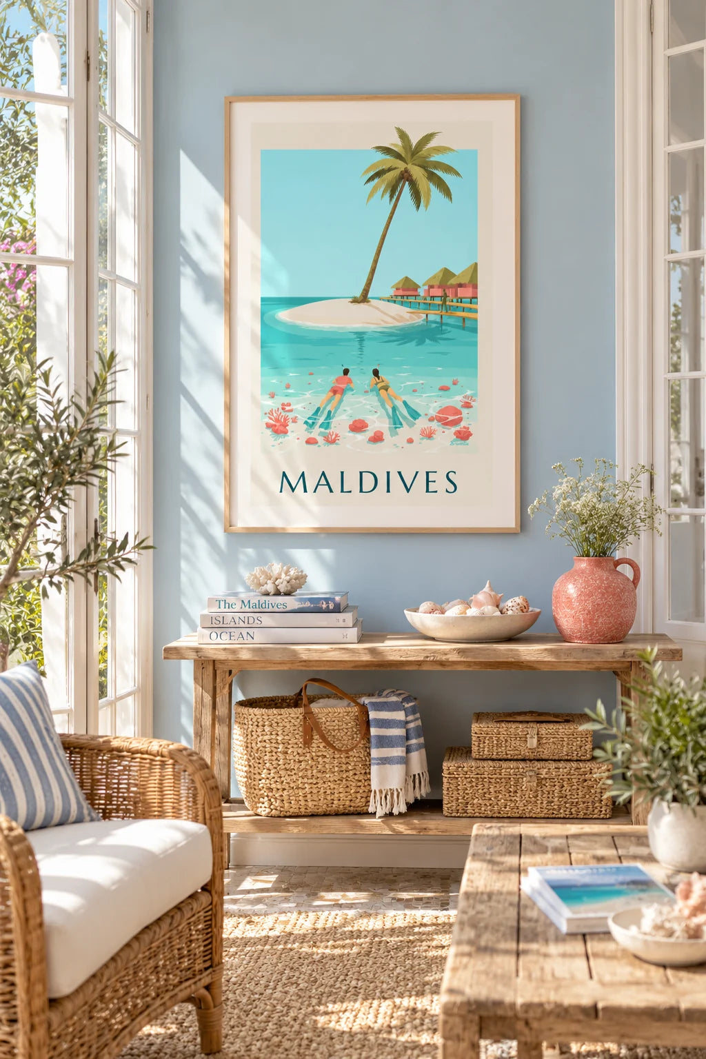 Mise en situation de Affiche Maldives, plongeurs en tuba au-dessus des coraux du lagon