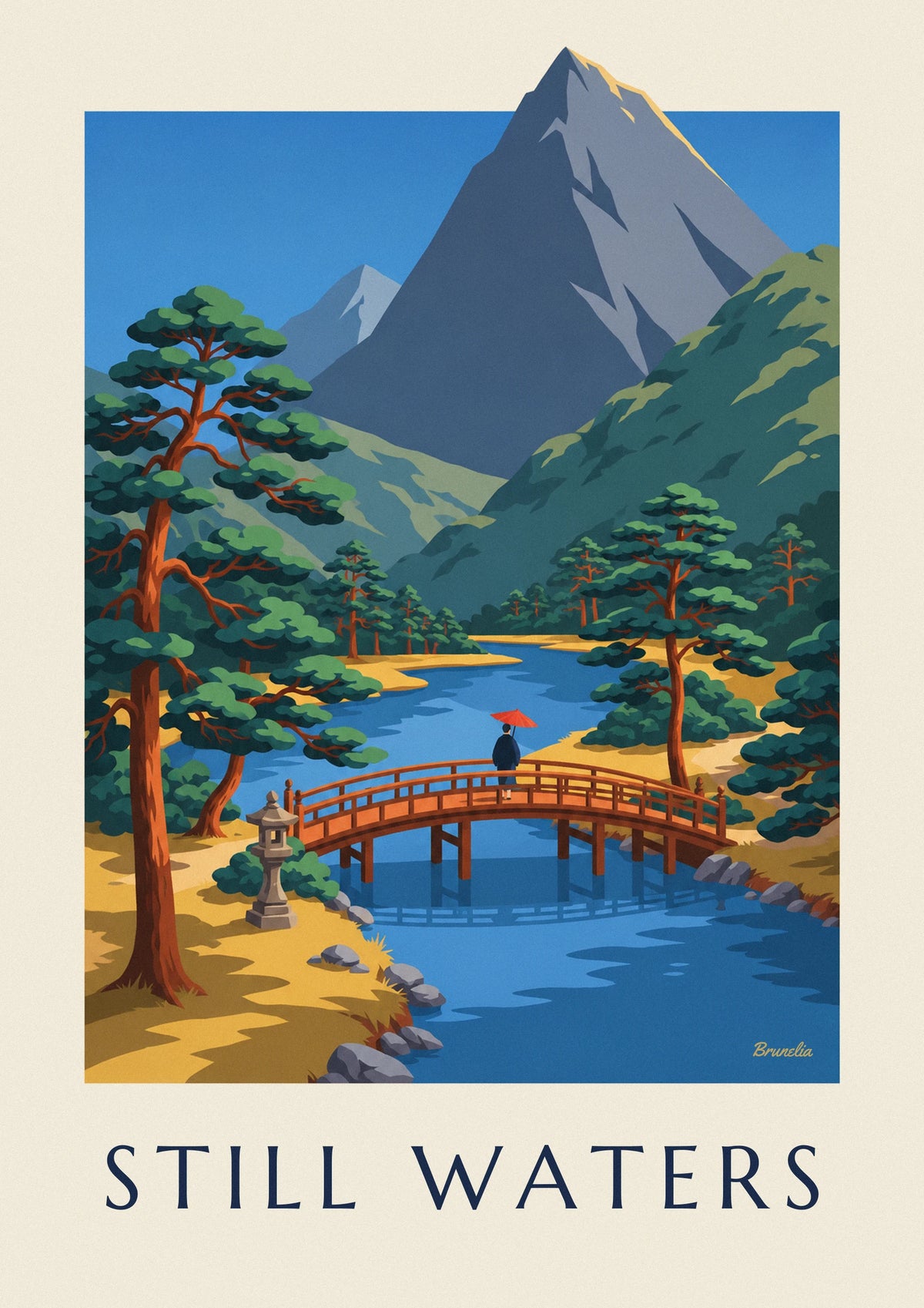Red Japanese bridge and riverside stone lantern poster