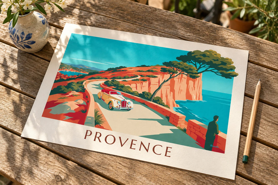 Poster mit Cabrio auf der Route des Crêtes oberhalb von Cassis: auf einem Tisch aufgestellt