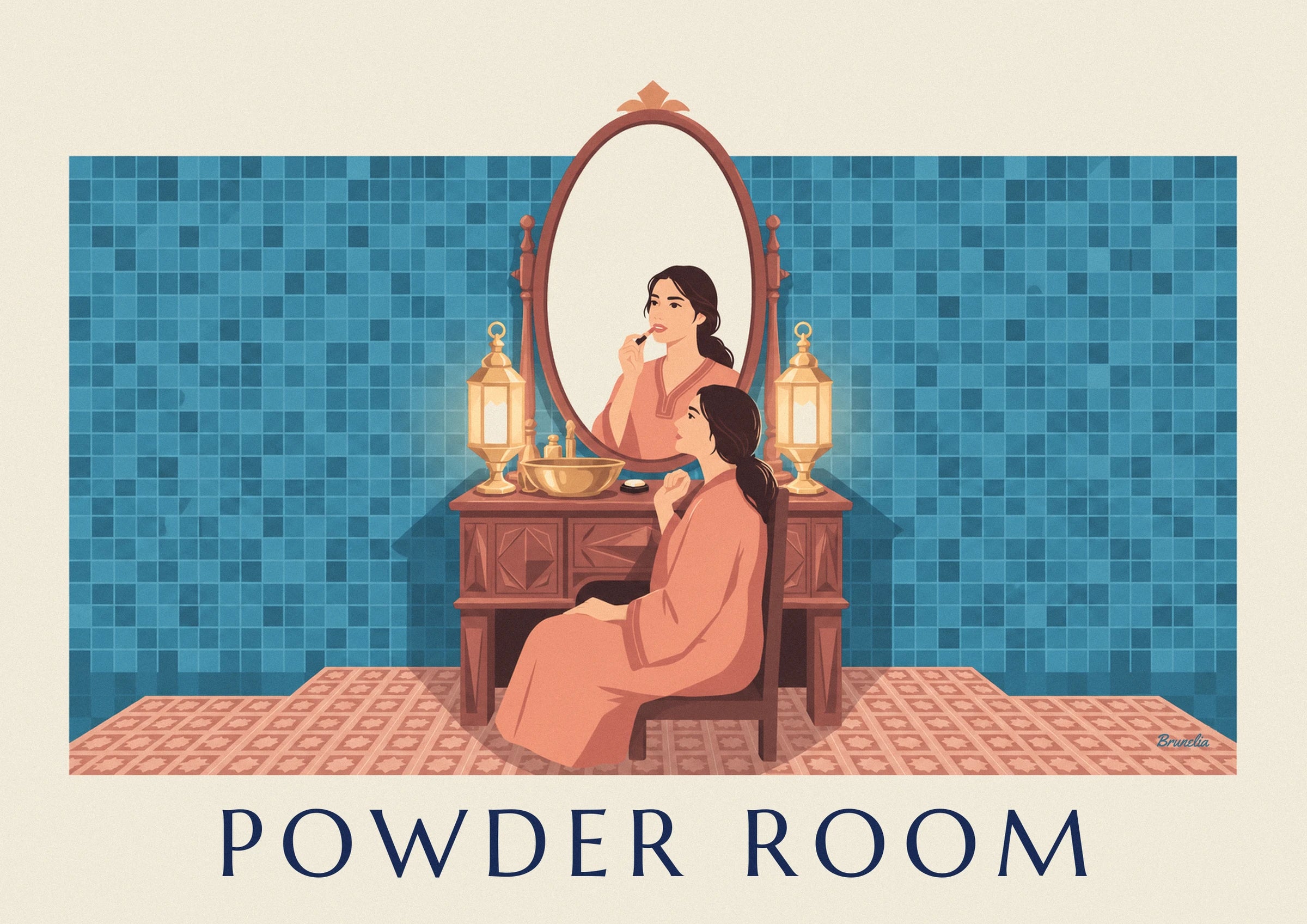 The woman in a coral dress seated at her wooden dressing table with its golden basin