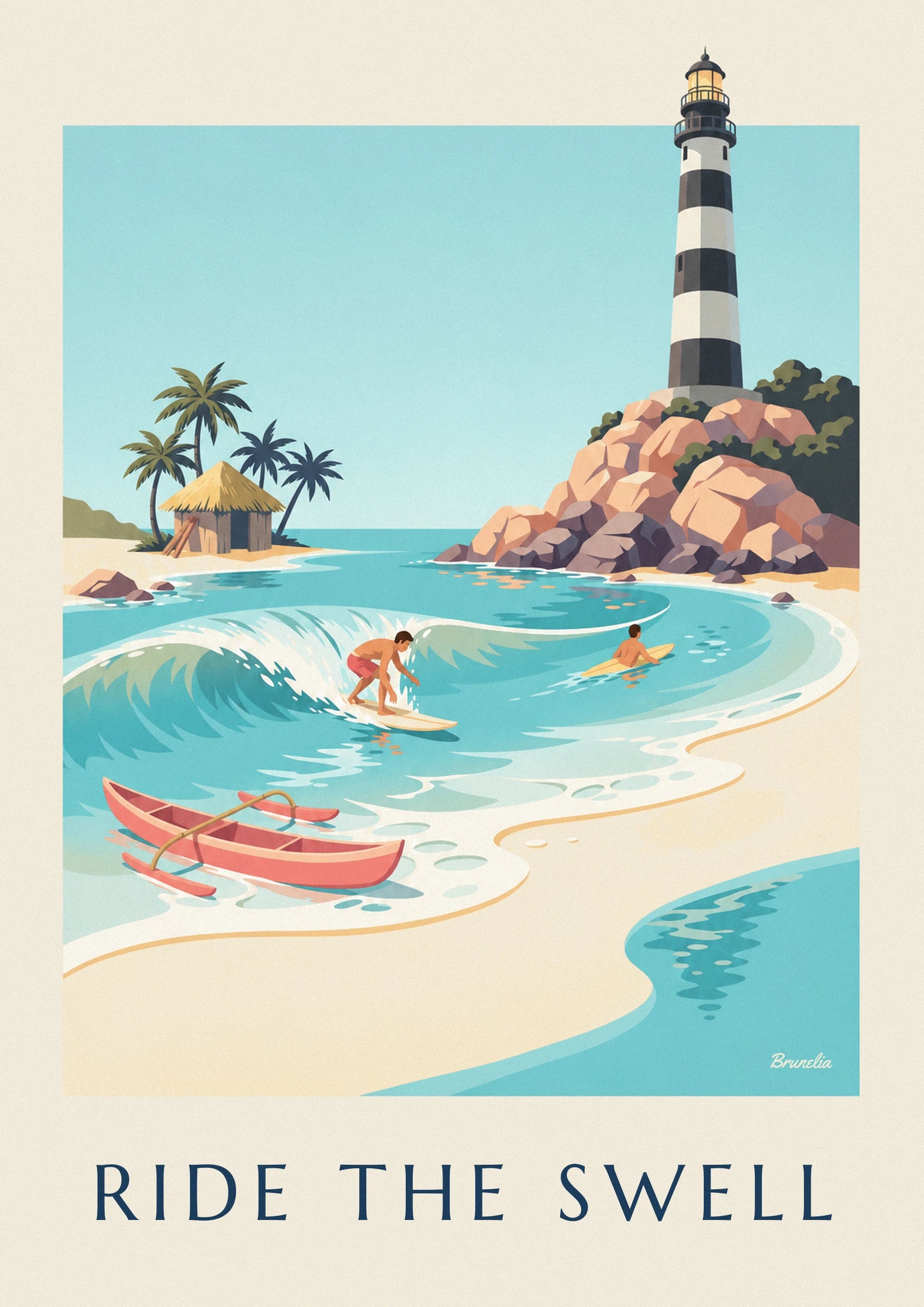 Le surfeur en short corail sur sa planche crème, au creux d’une vague turquoise