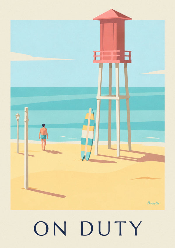 Surfboard and lifeguard tower on the beach poster