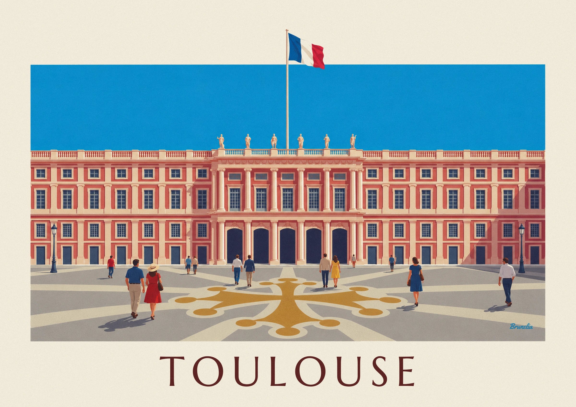 Poster Place du Capitole in Toulouse unter blauem Himmel: Detail in Nahaufnahme