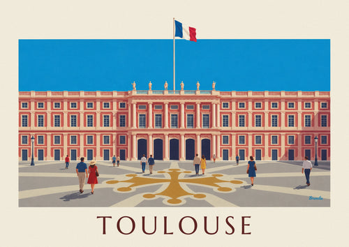 Affiche place du Capitole à Toulouse sous un ciel bleu : l'affiche entière