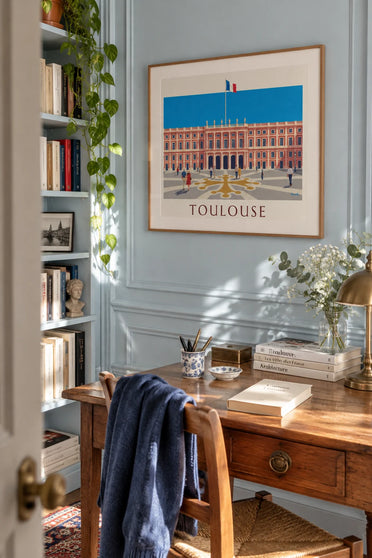 Affiche place du Capitole à Toulouse sous un ciel bleu : encadrée au mur
