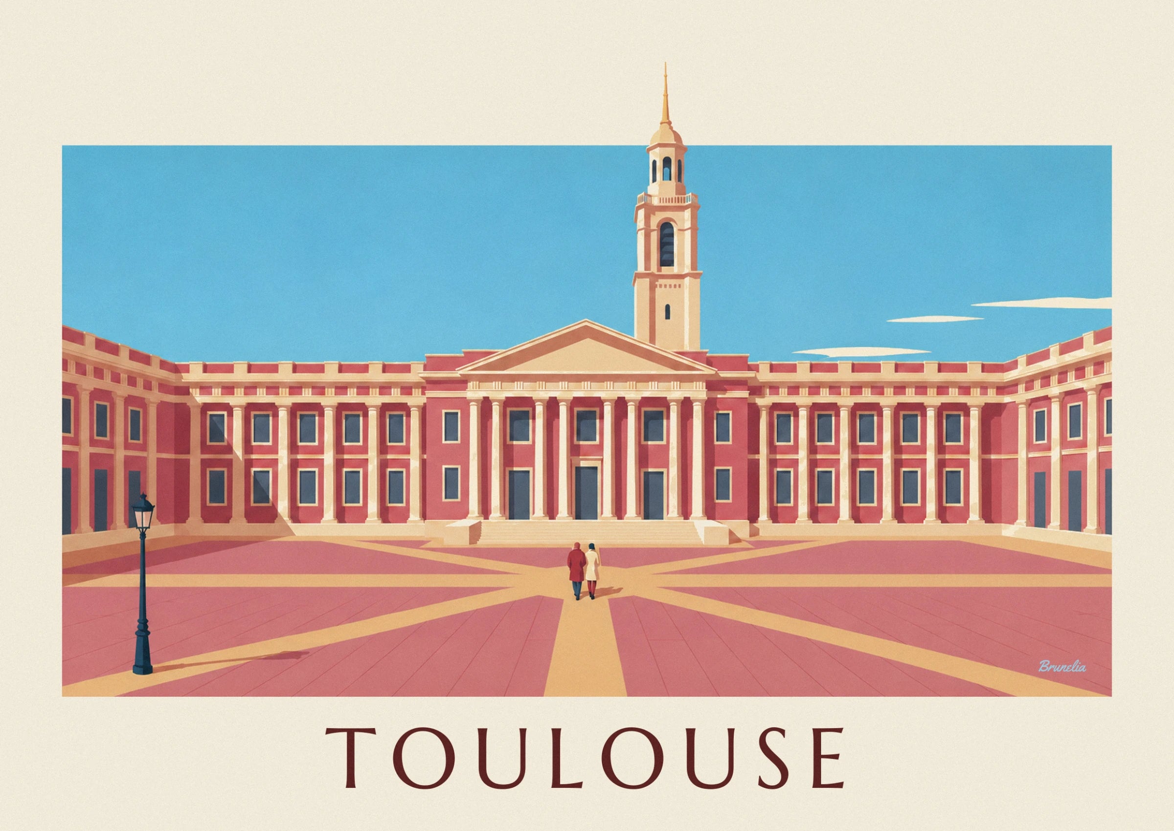 The cream bell tower and its pink palace with a pediment, beneath a blue sky