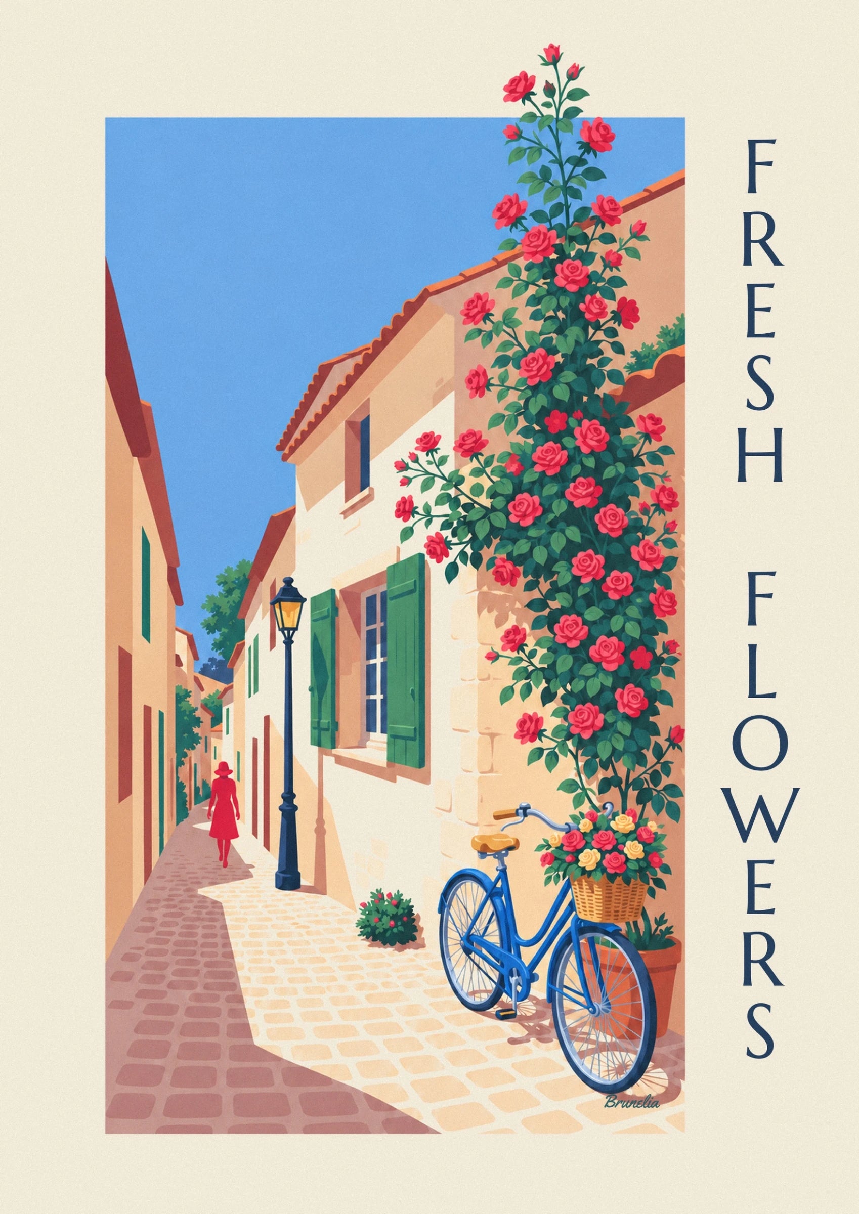 La bicyclette bleue et son panier en osier plein de roses rouges et jaunes, contre le mur de pierre