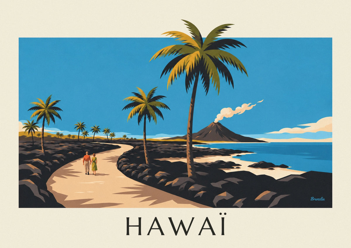 Affiche route d'Hawaï entre palmiers et volcan