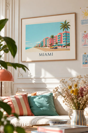 Poster of a golden convertible on Ocean Drive in Miami: framed on the wall