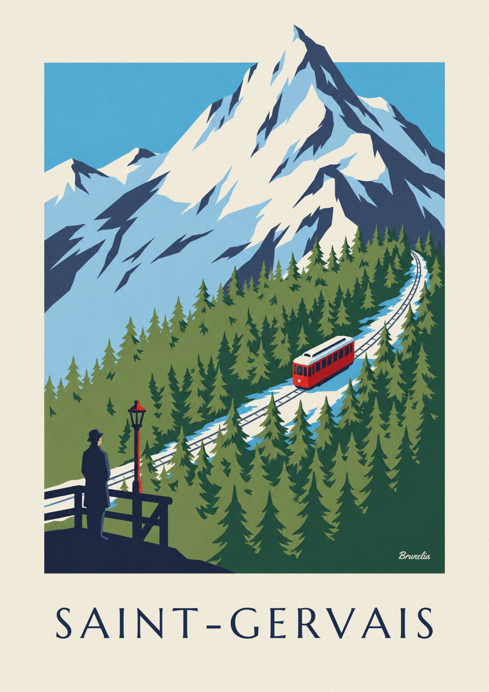 The red and white tram travelling down its snowy track between fir trees