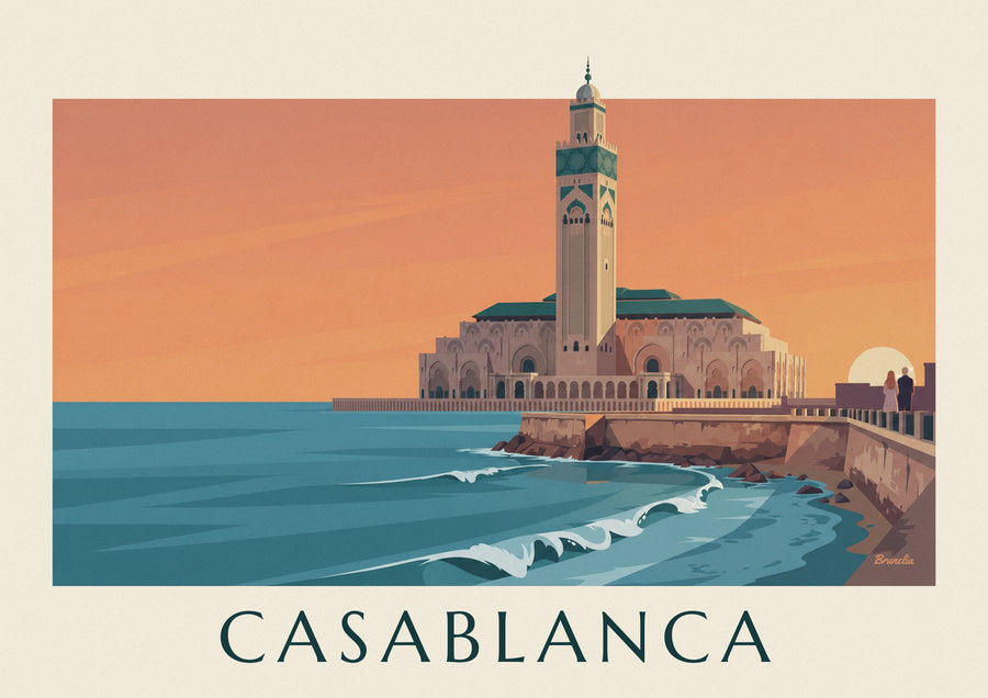 Affiche mosquée Hassan II face à l'océan au coucher du soleil
