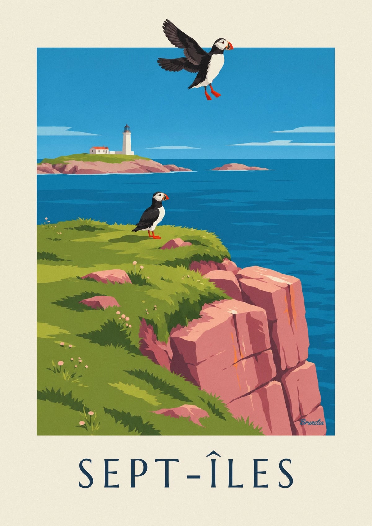 Puffins on the Sept-Îles cliffs poster