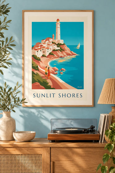 Affiche côte méditerranéenne, village blanc et phare : encadrée au mur