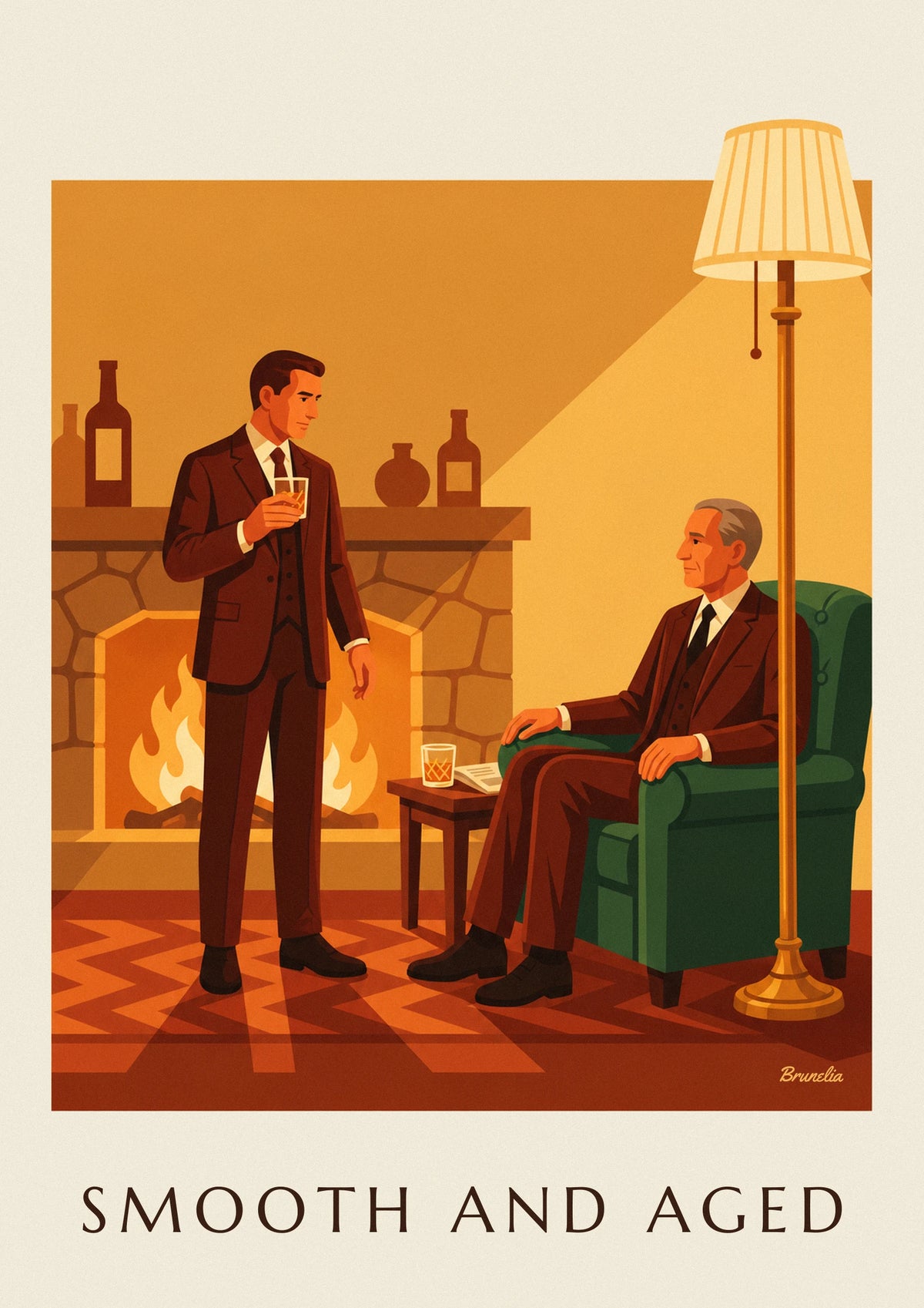 Poster whisky, uomo in abito vicino al camino